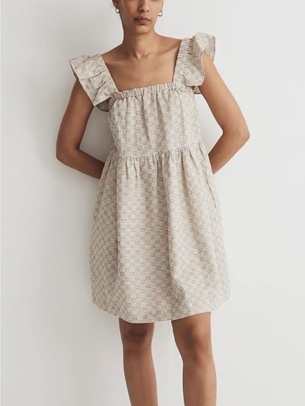 Madewell Beige Textured Ruffle-Shoulder Mini Dress